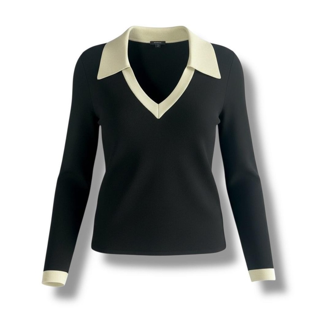 Express Black V-Neck Sweater with Cream Collar and Cuffs